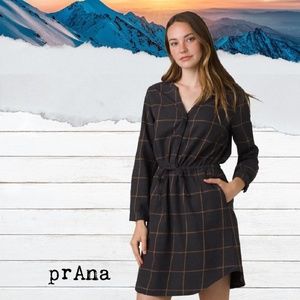 prAna Loop To Pines Dress Women’s XS Charcoal & Mustard Plaid Flannel Tie-Waist